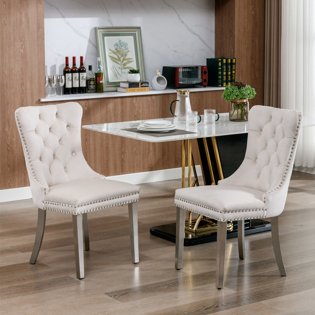 Nikki Collection Modern, High End Tufted Solid Wood Contemporary Velvet Upholstered Dining Chair With Chrome Stainless Steel Plating Legs,Nailhead Trim,Set Of 2 Beige And Chrome, Sw1701Bg Beige Foam Velvet