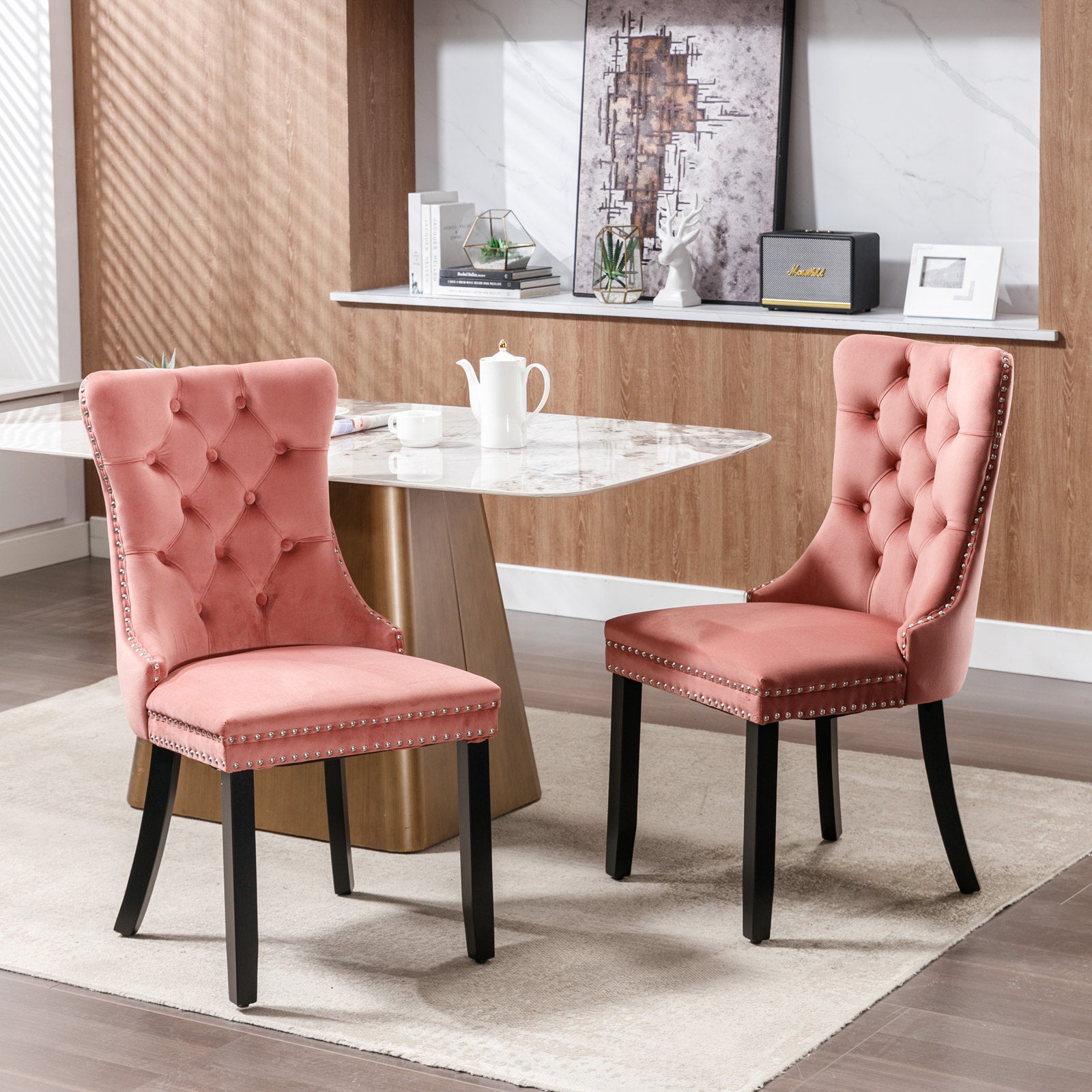 Nikki Collection Modern, High End Tufted Solid Wood Contemporary Velvet Upholstered Dining Chair With Wood Legs Trim 2 Pcs Set,Pink, Sw2001Pk Pink Foam Velvet