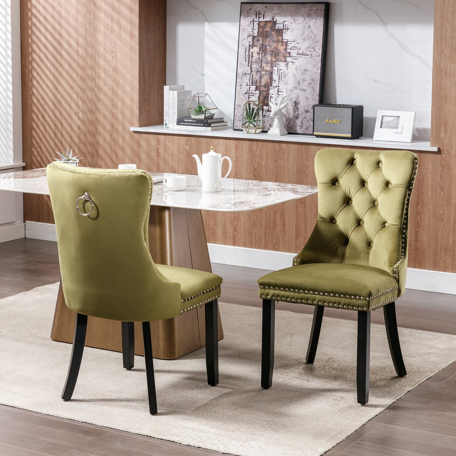 Nikki Collection Modern, High End Tufted Solid Wood Contemporary Velvet Upholstered Dining Chair With Wood Legs Trim 2 Pcs Set,Olive Green,Sw2001Ol Olive Green Foam Velvet