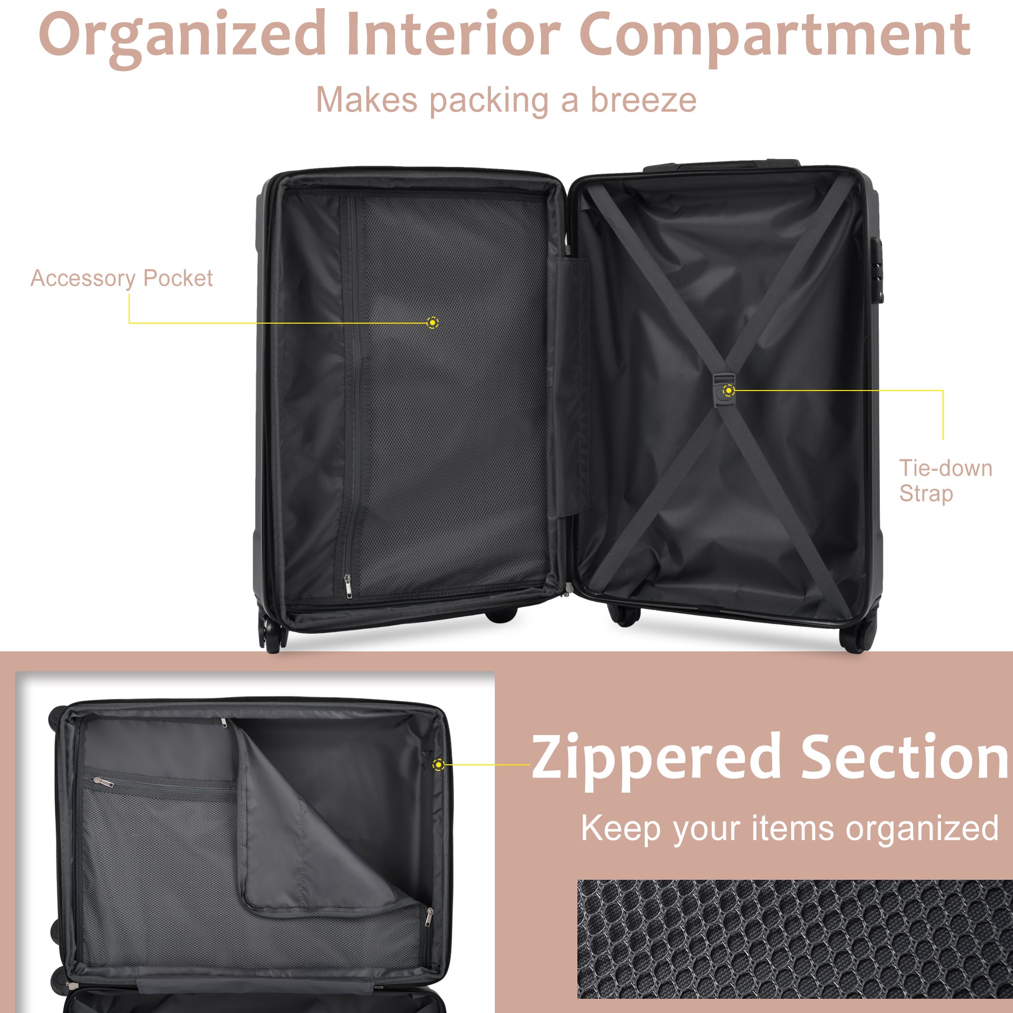 Hardside Luggage Sets 2 Piece Suitcase Set Expandable pink-abs