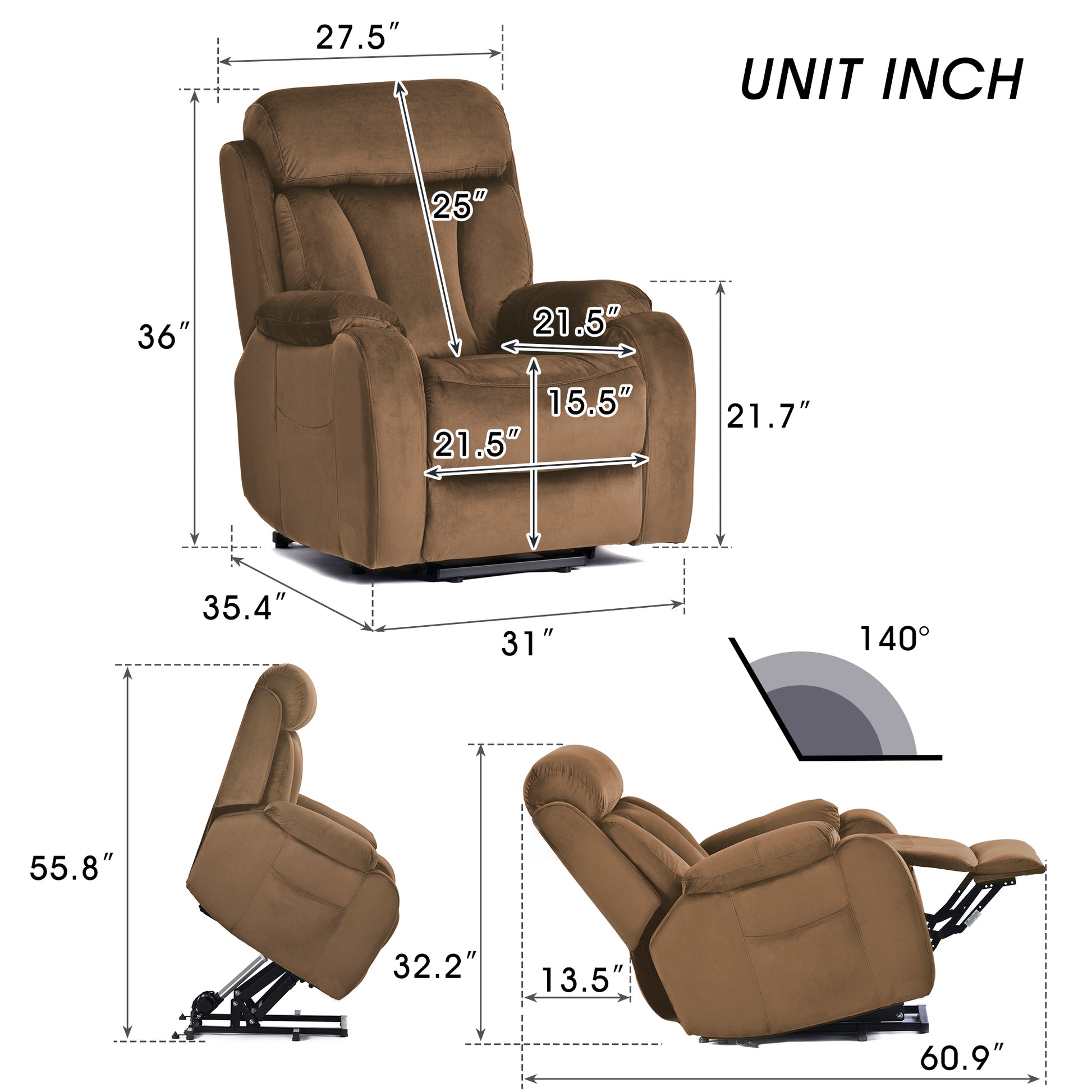 Lift Chair Recliner For Elderly Power Remote Control Recliner Sofa Relax Soft Chair Anti Skid Australia Cashmere Fabric Furniture Living Room Brown Light Brown Wood Primary Living Space Heavy Duty