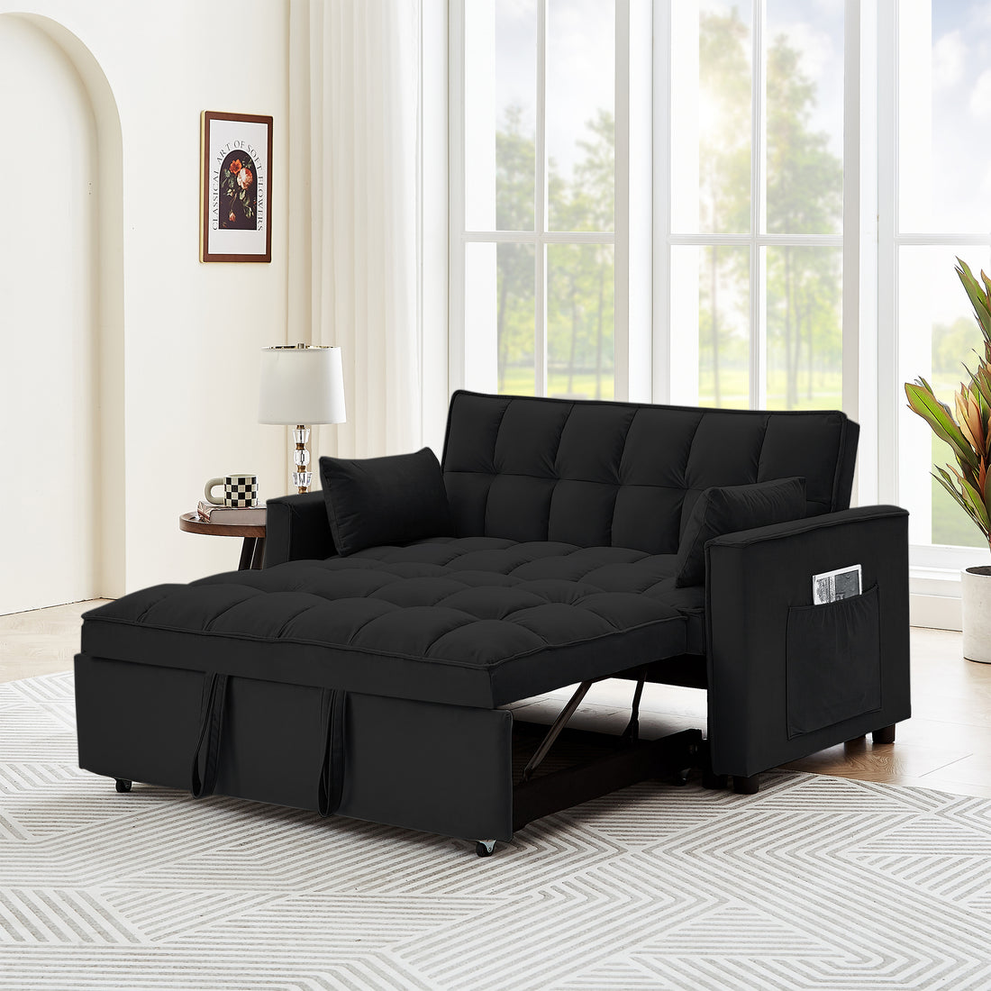 Sleeper Sofa Couch W Pull Out Bed, 55" Modern Velvet Convertible Sleeper Sofa Bed, Small Beautiful Seat Sofa Bed W Pillows & Side Pockets For Small Space, Living Room, Apartment,Black Black Velvet