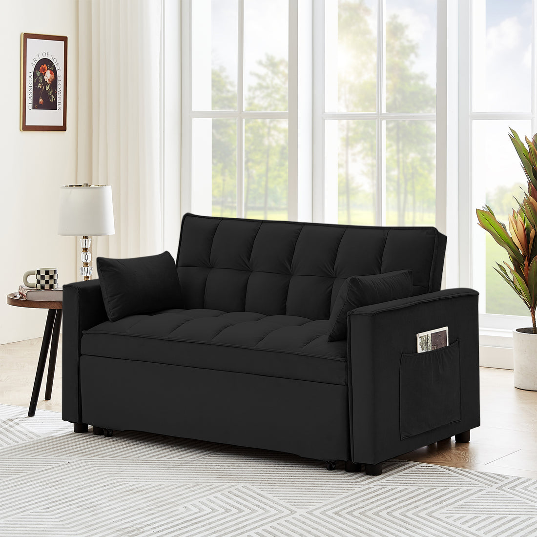 Sleeper Sofa Couch W Pull Out Bed, 55" Modern Velvet Convertible Sleeper Sofa Bed, Small Beautiful Seat Sofa Bed W Pillows & Side Pockets For Small Space, Living Room, Apartment,Black Black Velvet