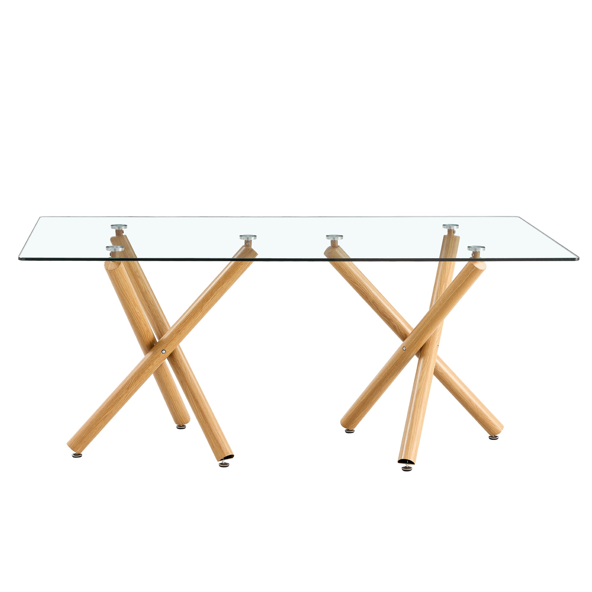 Large Modern Minimalist Rectangular Glass Dining Table For 6 8 With 0.39" Tempered Glass Tabletop And Wood Color Metal Legs, For Kitchen Dining Living Meeting Room Banquet Hall, 71"Wx39" D X 30"H1538 Transparent Glass