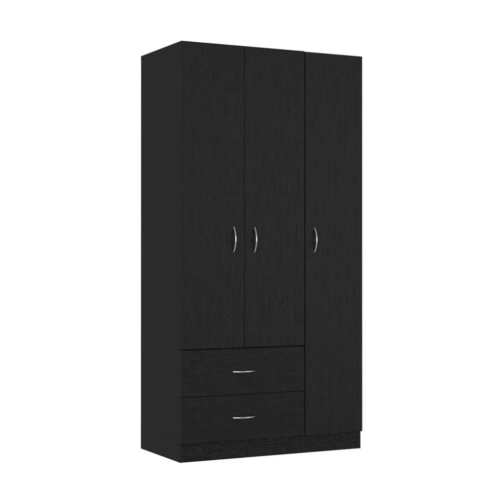 Austral 3 Door Armoire With Two Drawers, Shelves, And Hanging Rod Black Black Particle Board