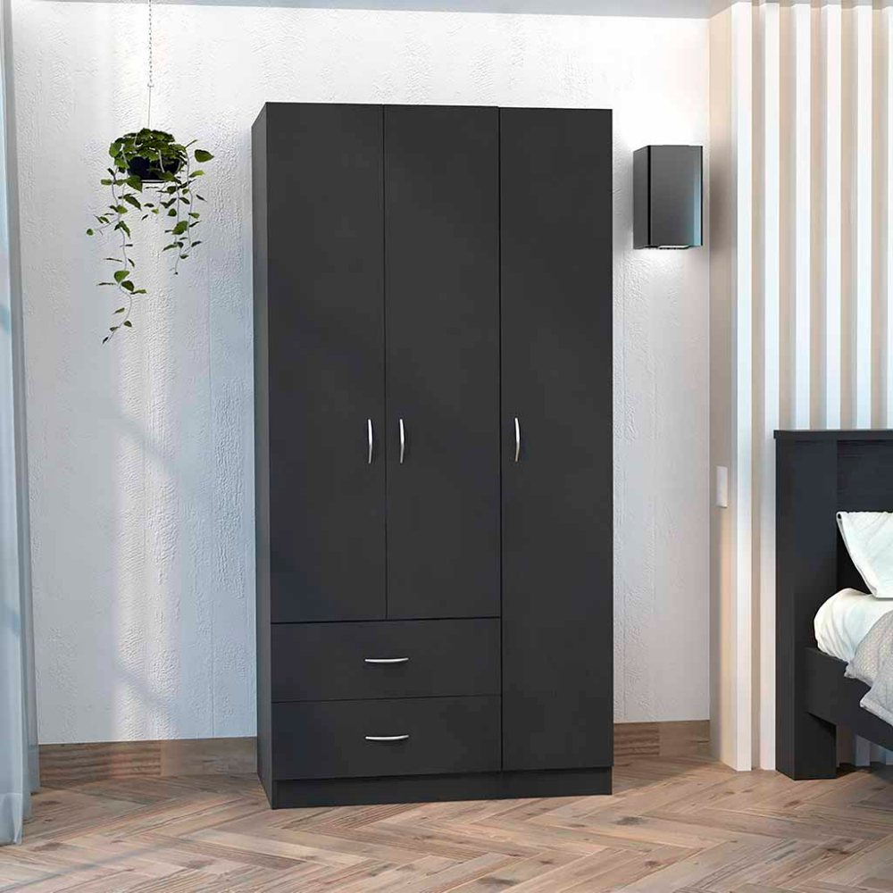 Austral 3 Door Armoire With Two Drawers, Shelves, And Hanging Rod Black Black Particle Board