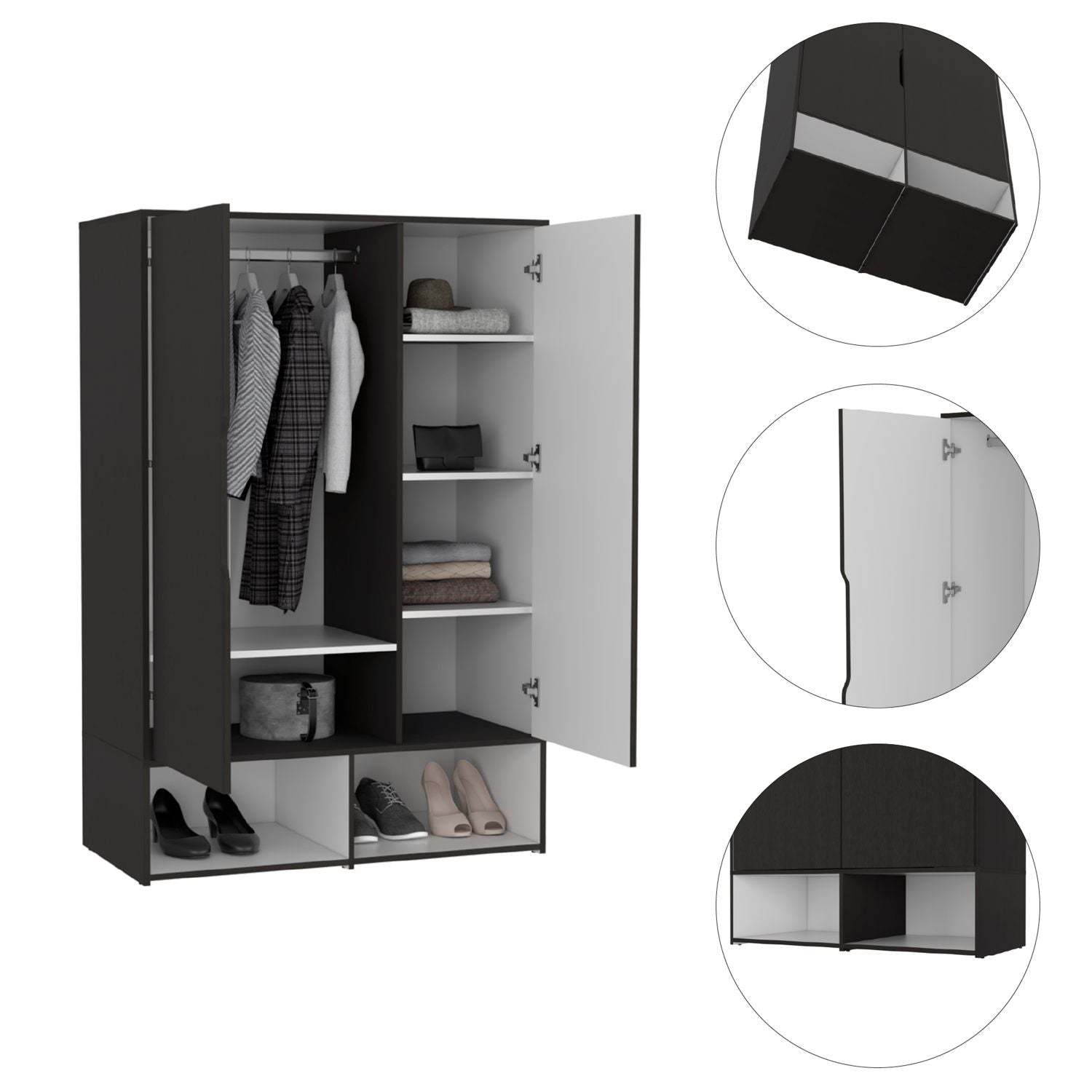 Rosie Armoire, Two Open Shelves, Double Door, Five Shelves, Hanging Rod Black White Multicolor Particle Board Particle Board