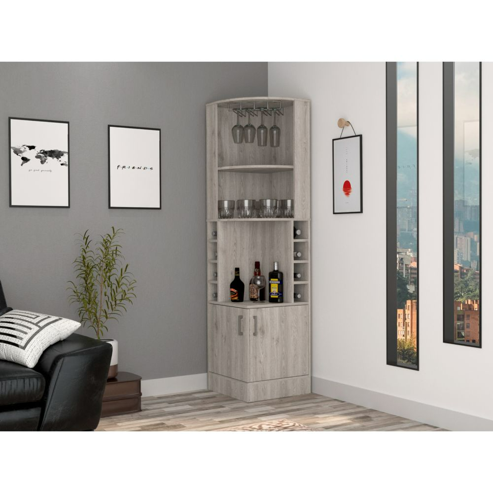 Syrah Corner Bar Cabinet, Eight Bottle Cubbies, Double Door, Two Open Shelves 1 2 Shelves Light Gray Gray Dining Room Open Storage Space Modern Particle Board