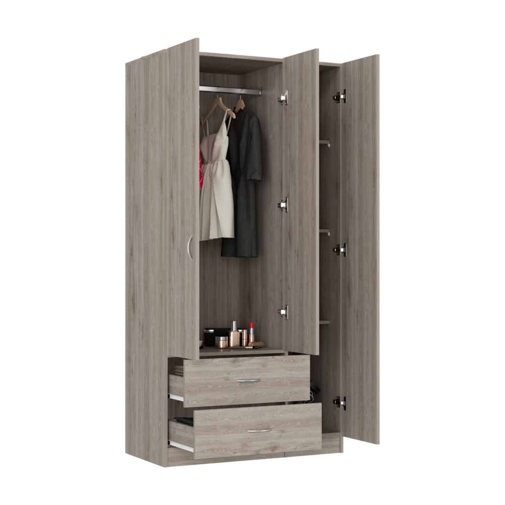 Austral 3 Door Armoire With Drawers, Shelves, And Hanging Rod Light Gray Gray Bedroom Modern Particle Board Particle Board