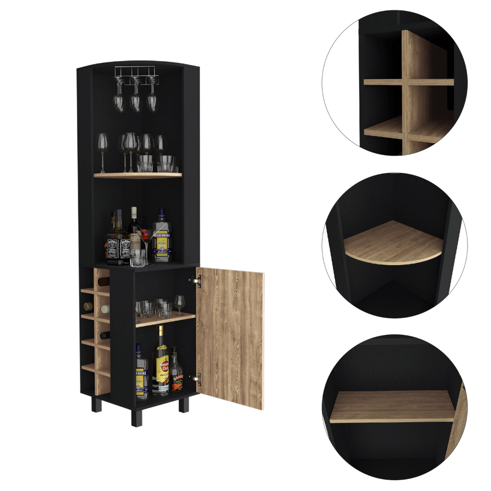 Kaia Corner Bar Cabinet, Two Shelves, Ten Built In Wine Rack, Single Door Cabinet, Two Interior Shelves, Black Pine Multicolor Particle Board Particle Board