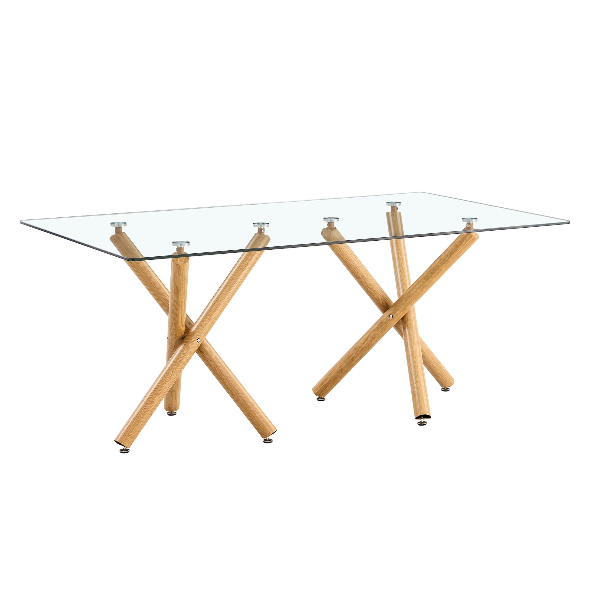 Large Modern Minimalist Rectangular Glass Dining Table For 6 8 With 0.39" Tempered Glass Tabletop And Wood Color Metal Legs, For Kitchen Dining Living Meeting Room Banquet Hall, 71"Wx39" D X 30"H1538 Transparent Glass