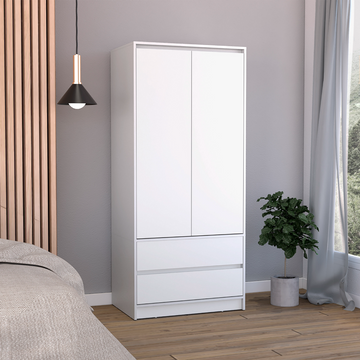 Austin 2 Drawers Armoire, Double Door, Hanging Rod White White Bedroom Modern Particle Board Particle Board