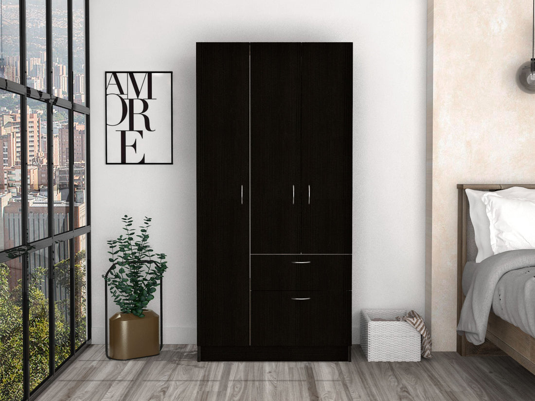 Primavera Armoire, Double Door Cabinets, One Drawer, Metal Rod, Five Shelves Black White Multicolor Particle Board Particle Board