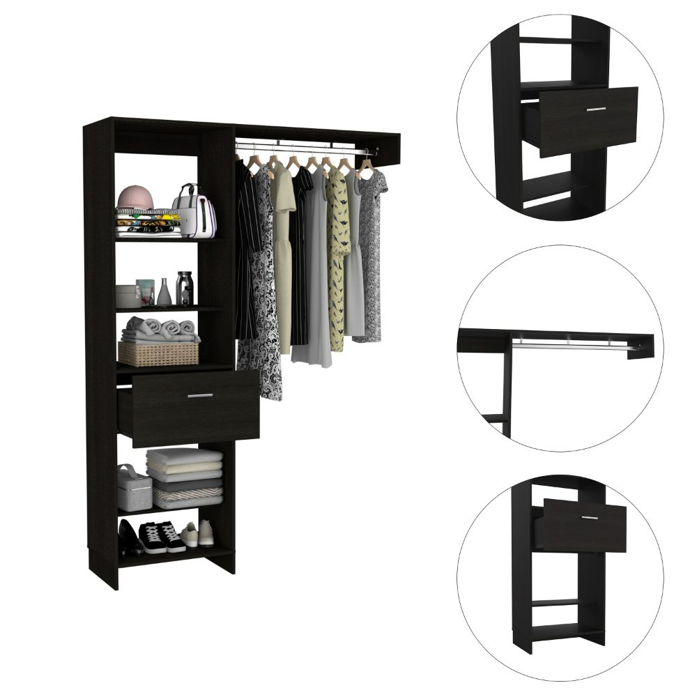 Manchester 150 Closet System, Metal Rod, Five Open Shelves, One Drawer Black Black Bedroom Modern Particle Board Particle Board