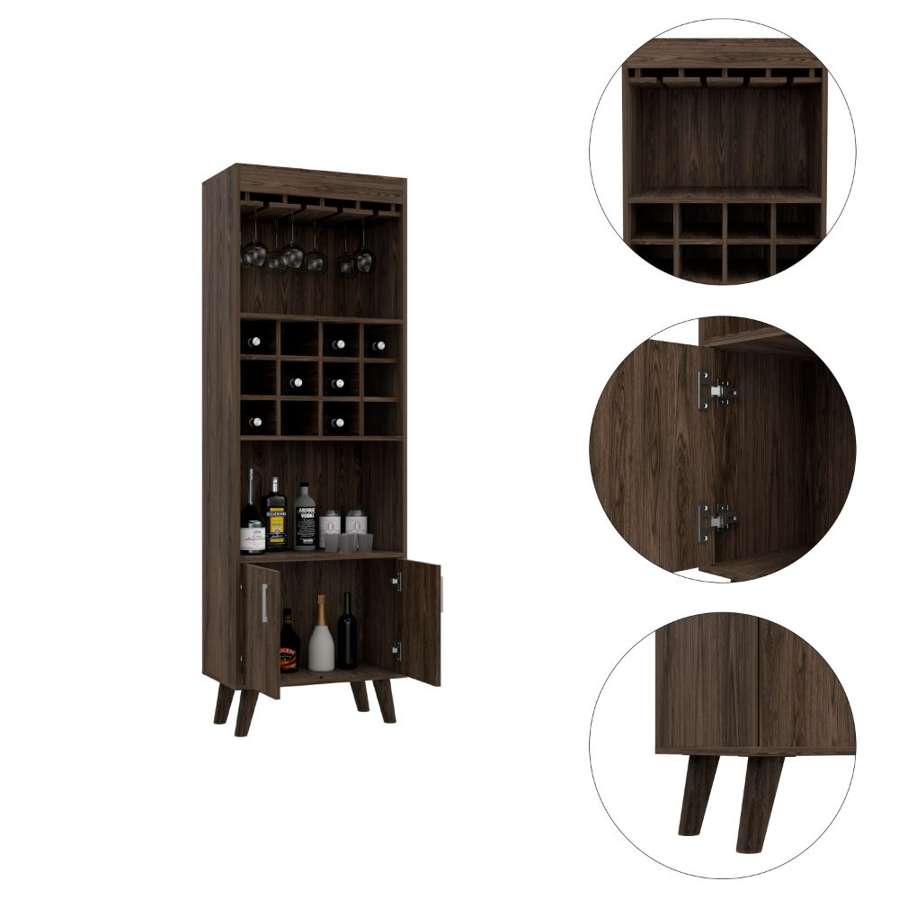 Oslo Bar Cabinet, Twelve Built In Wine Rack, Double Door Cabinet, Two Shelves Dark Walnut Black Dark Walnut Particle Board Particle Board