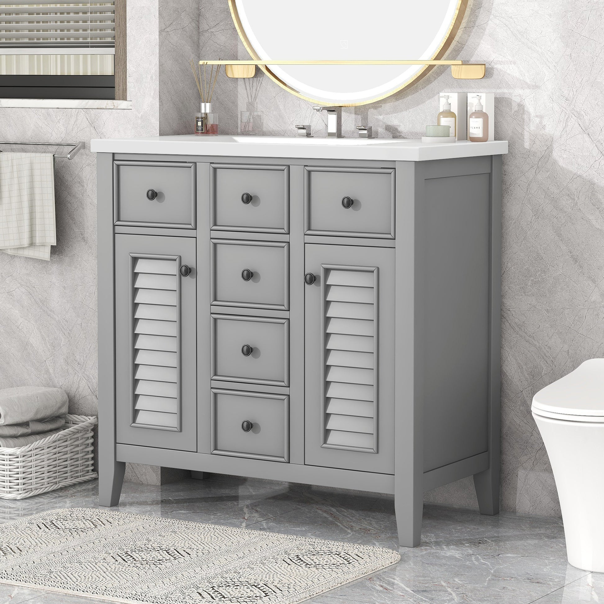 36" Bathroom Vanity With Ceramic Basin, Two Cabinets And Five Drawers, Solid Wood Frame, Grey Old Sku: Sy999202Aae Grey Solid Wood Mdf