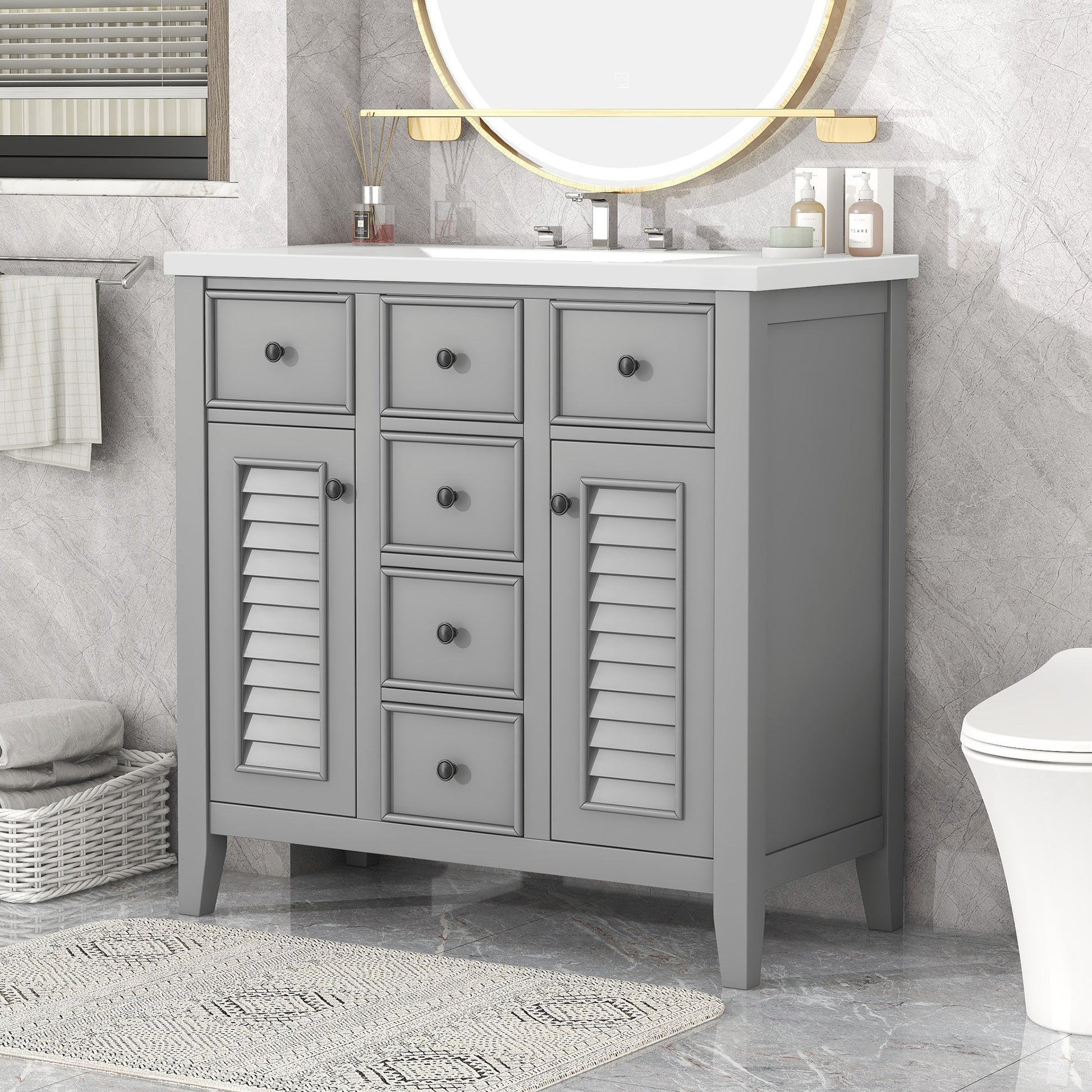 36" Bathroom Vanity With Ceramic Basin, Two Cabinets And Five Drawers, Solid Wood Frame, Grey Old Sku: Sy999202Aae 1 Grey Solid Wood Mdf