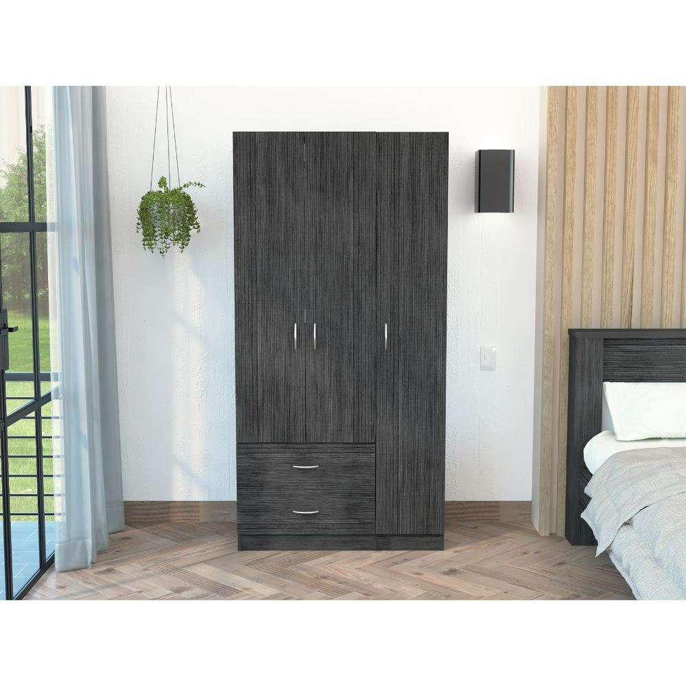 Austral 3 Door Armoire With Two Drawers, Shelves, And Hanging Rod Smokey Oak . White Smoke Grey Gray Bedroom Modern Particle Board