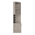 Syrah Corner Bar Cabinet, Eight Bottle Cubbies, Double Door, Two Open Shelves 1 2 Shelves Light Gray Gray Dining Room Open Storage Space Modern Particle Board