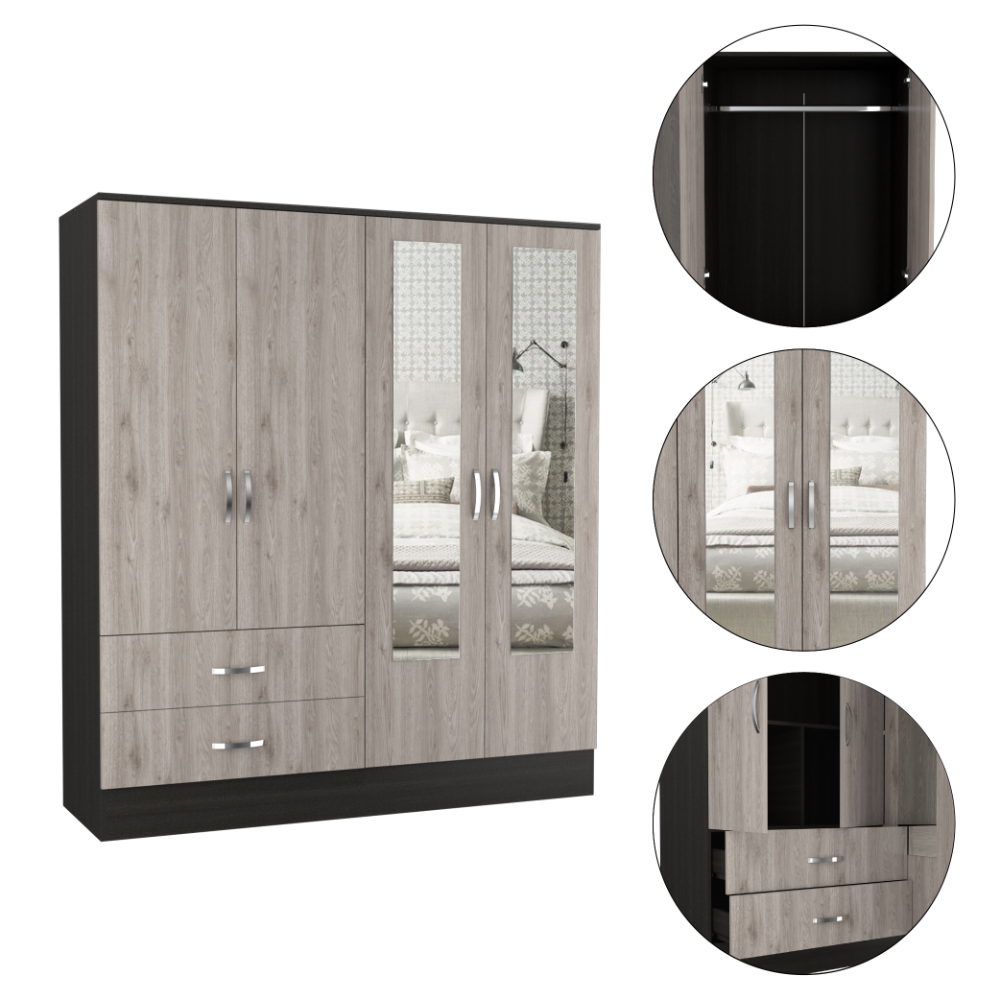 Bolton 160 Armoire, Six Shelves, Two Double Door Cabinets, Two Mirrors, Two Drawers, Rod Black Light Gray Multicolor Bedroom Particle Board