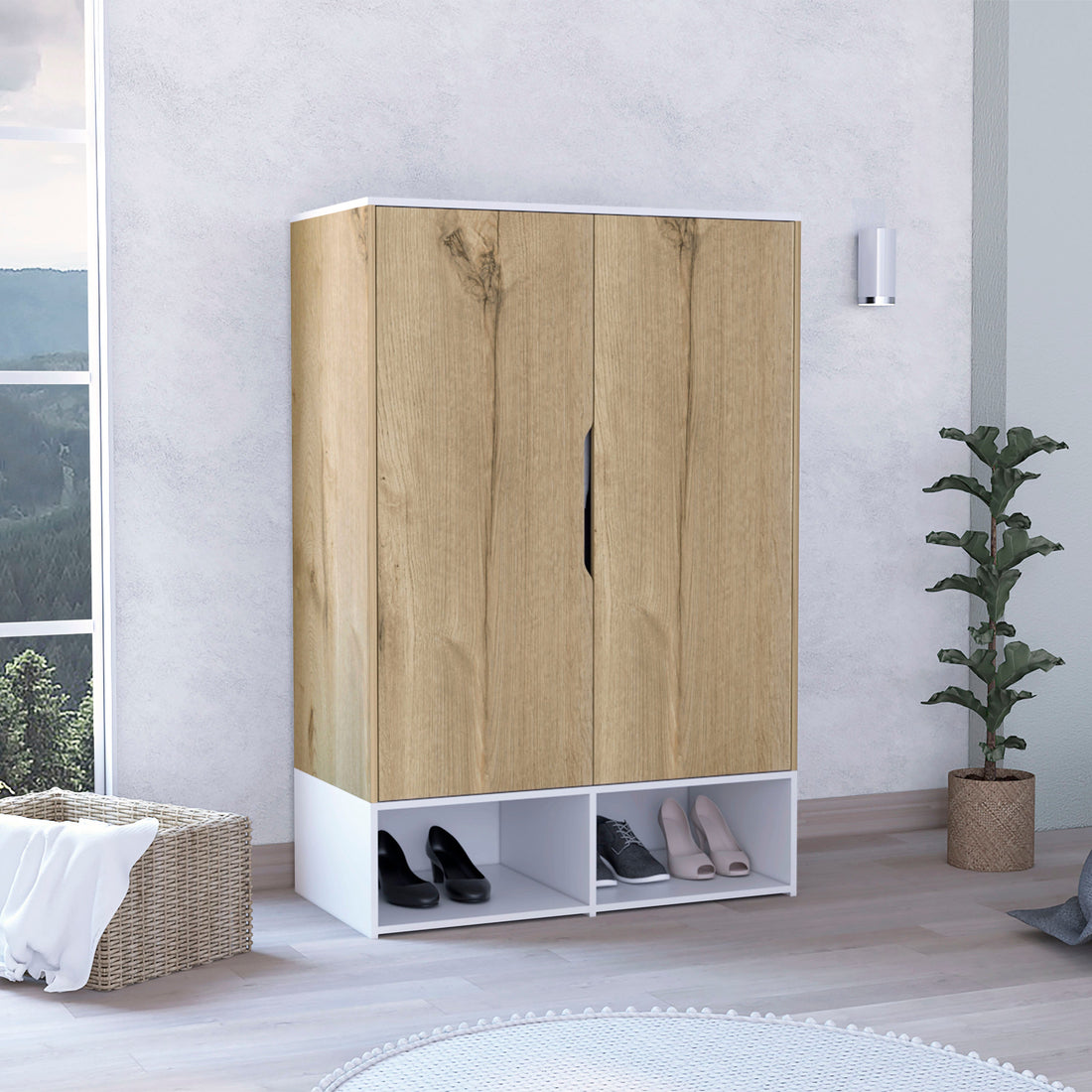 Rosie Armoire, Two Open Shelves, Double Door, Five Shelves, Hanging Rod Light Oak White Multicolor Particle Board Particle Board