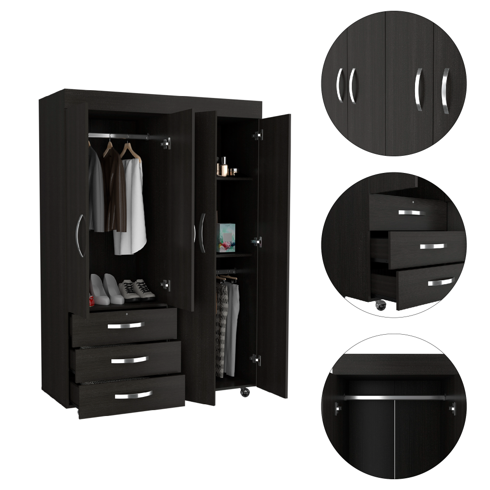 Denver Mobile Armoire, With Hanging Rods, Double Door Cabinet, Three Drawers, Two Shelves Black Black Particle Board