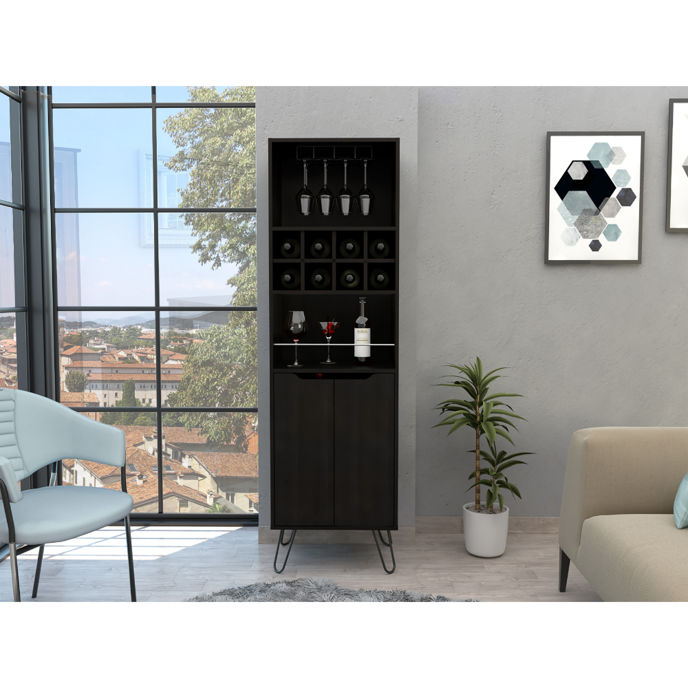 Manhattan L Bar Cabinet, Eight Built In Wine Rack, Two Cabinets With Single Door Black Black Particle Board Particle Board