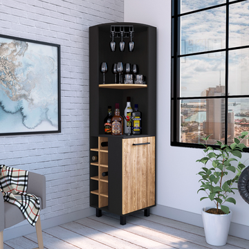 Kaia Corner Bar Cabinet, Two Shelves, Ten Built In Wine Rack, Single Door Cabinet, Two Interior Shelves, Black Pine Multicolor Particle Board Particle Board