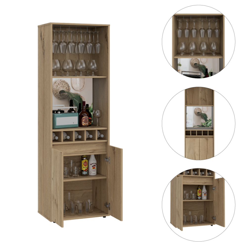 Prana Bar Cabinet, Two Shelves, Five Built In Wine Rack, Double Door Light Oak Light Oak Particle Board Particle Board