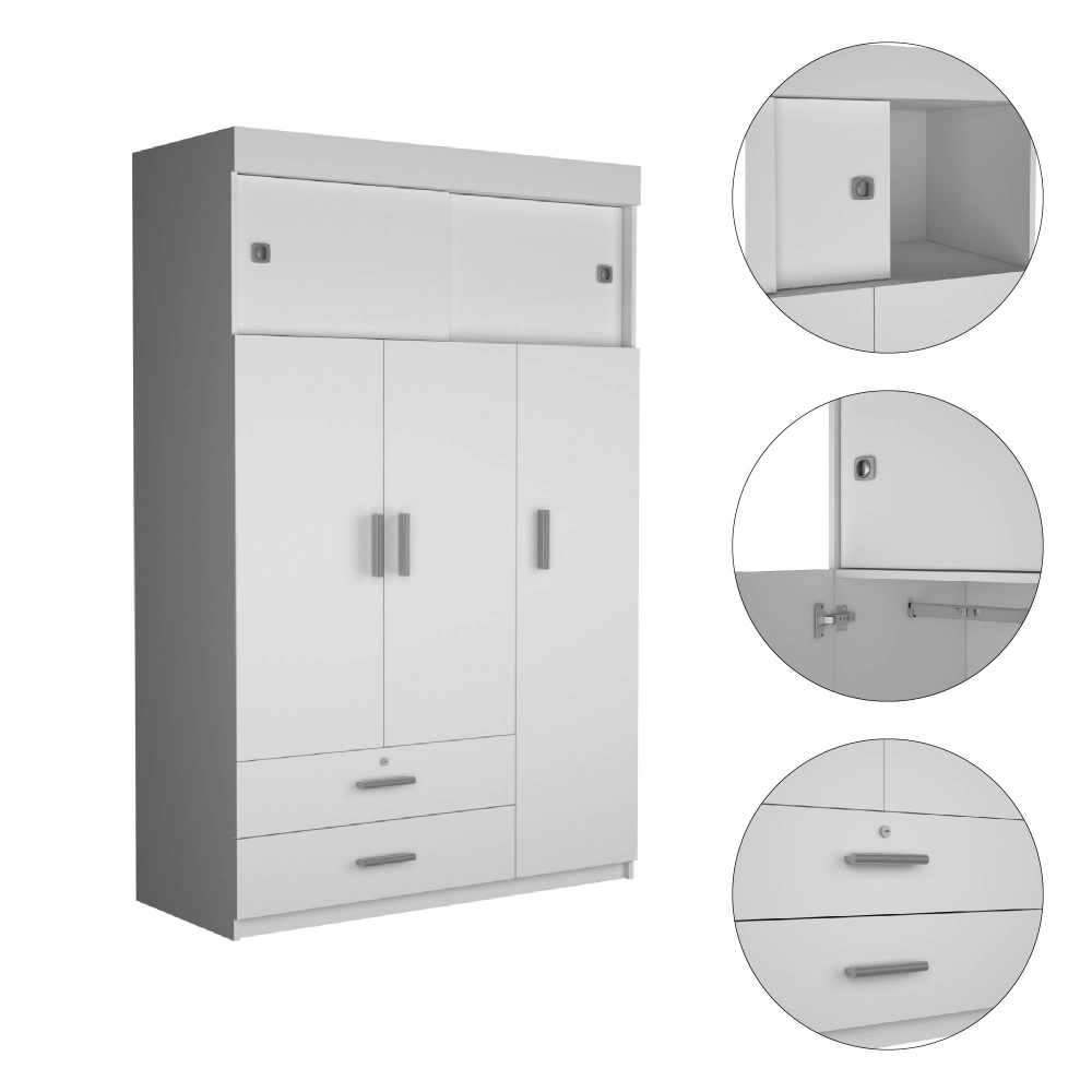 Chile Armoire, Rod, Three Door Cabinet, Two Drawers, Two Superior Adjustable Shelves, Metal Hardware White White Particle Board