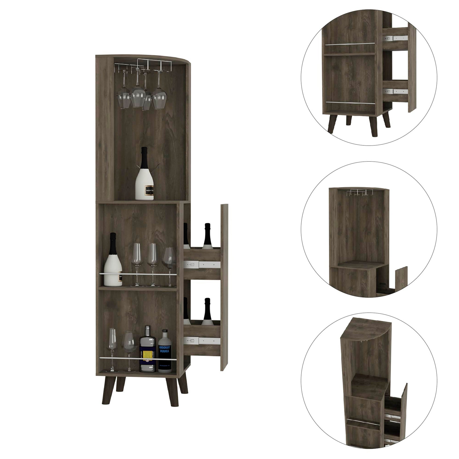 Cincinatti Corner Bar Cabinet, Cup Rack, Two External Shelves, One Drawer, Four Legs Dark Brown Brown Particle Board Particle Board