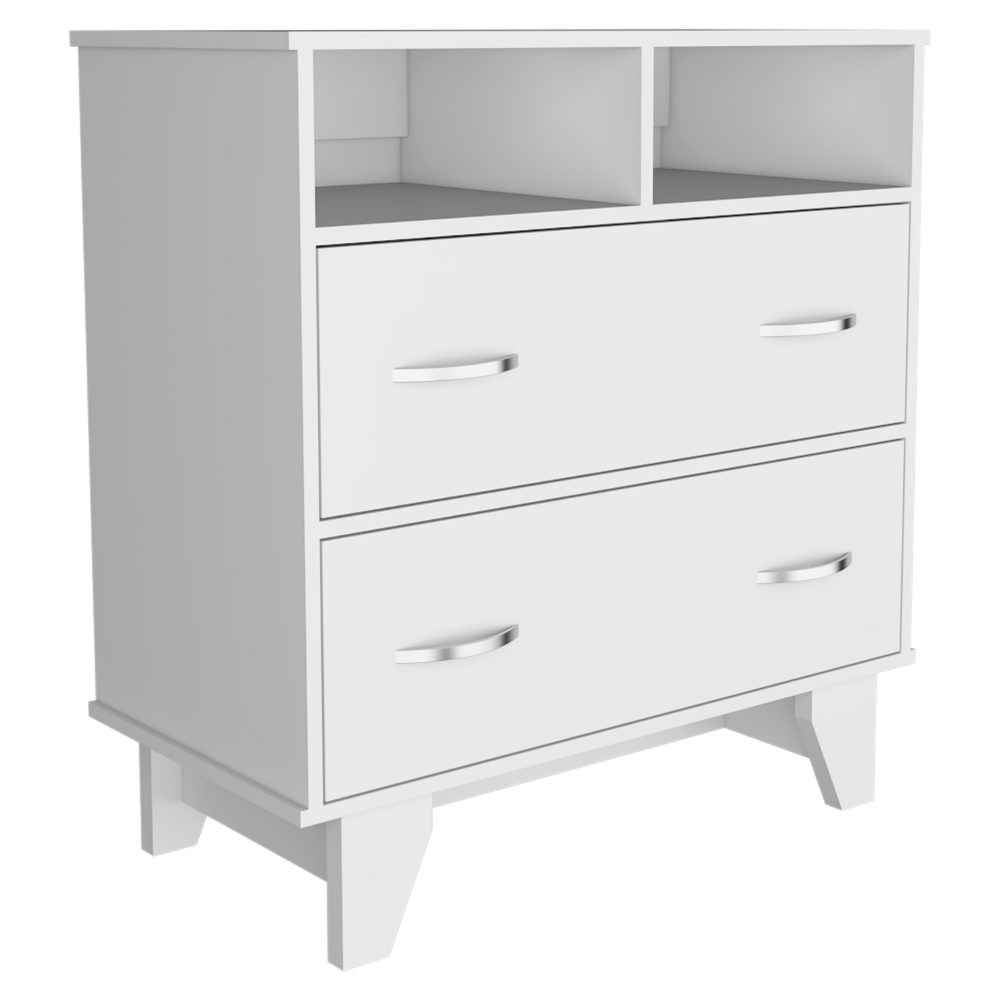 Portanova Two Drawer Dresser, Two Open Shelves, Superior Top, Four Legs White White Bedroom Modern Particle Board Particle Board Portanova Two Drawer Dresser, Two Open Shelves, Superior Top, Four Legs White White Bedroom Modern Particle Board Particle Board