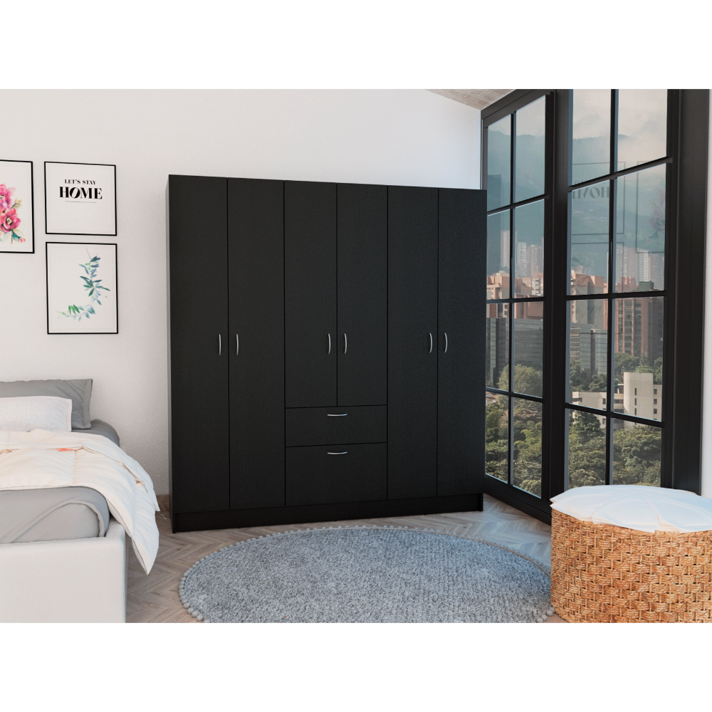 Mitu Six Doors Armoire, Seven Interior Shelves, One Drawer, Rod Black White Black Bedroom Particle Board