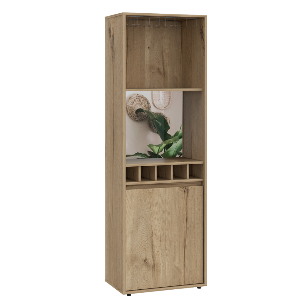 Prana Bar Cabinet, Two Shelves, Five Built In Wine Rack, Double Door Light Oak Light Oak Particle Board Particle Board