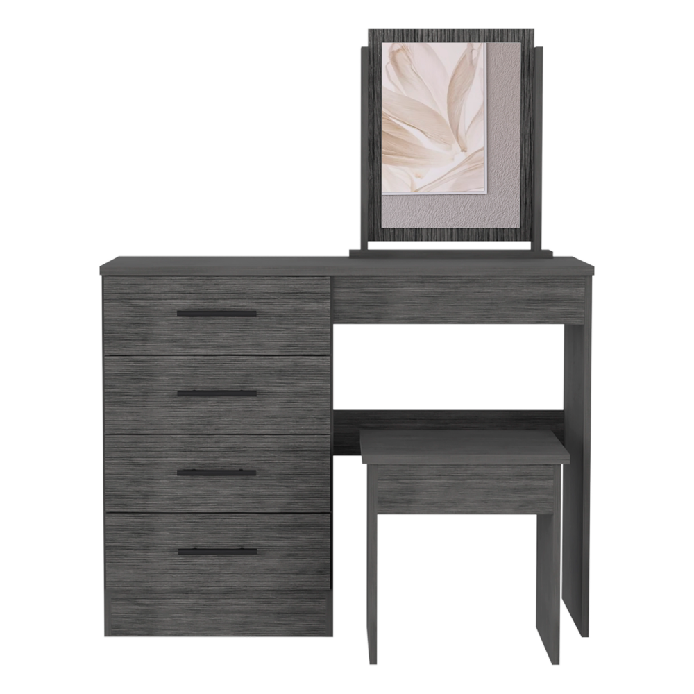 Kaia Makeup Vanity, Four Drawers, One Mirror, Stool Smokey Oak Gray Particle Board Particle Board