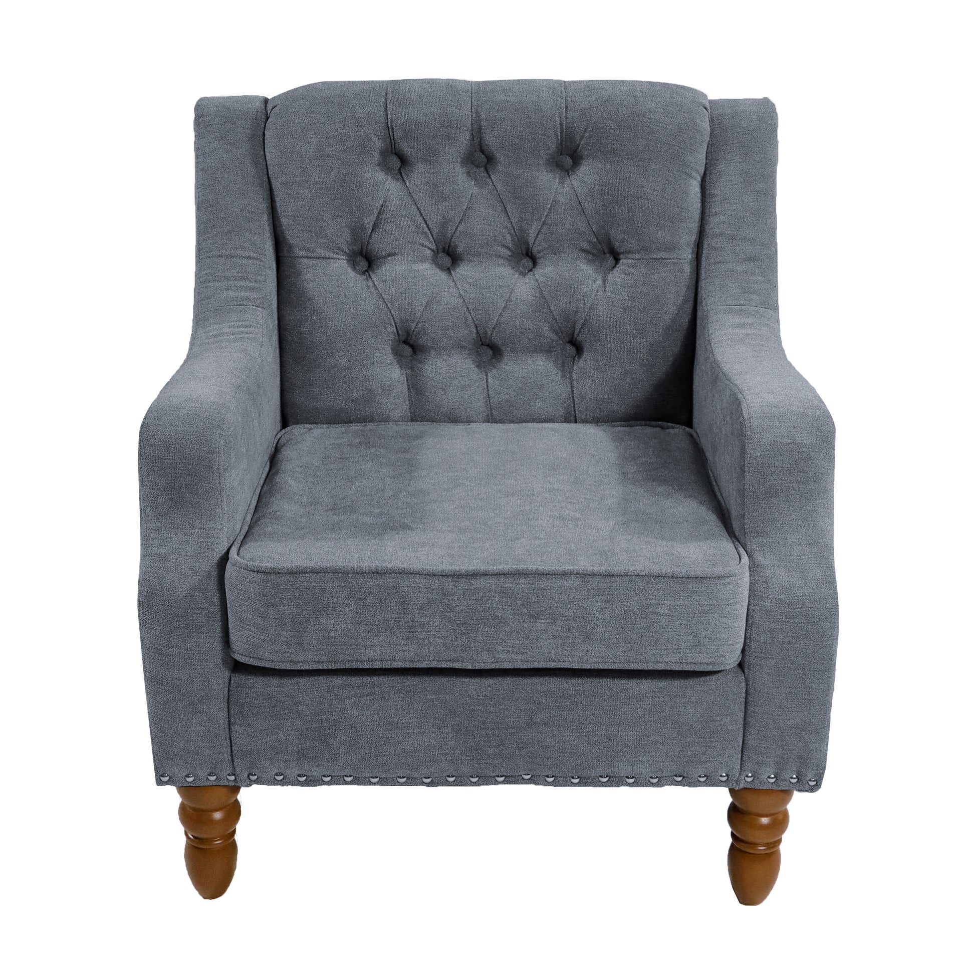 Grey Accent Chair, Living Room Chair, Footrest Chair Set With Vintage Brass Studs, Button Tufted Upholstered Armchair For Living Room, Comfy Reading Chair For Bedroom, Reception Room Grey Linen