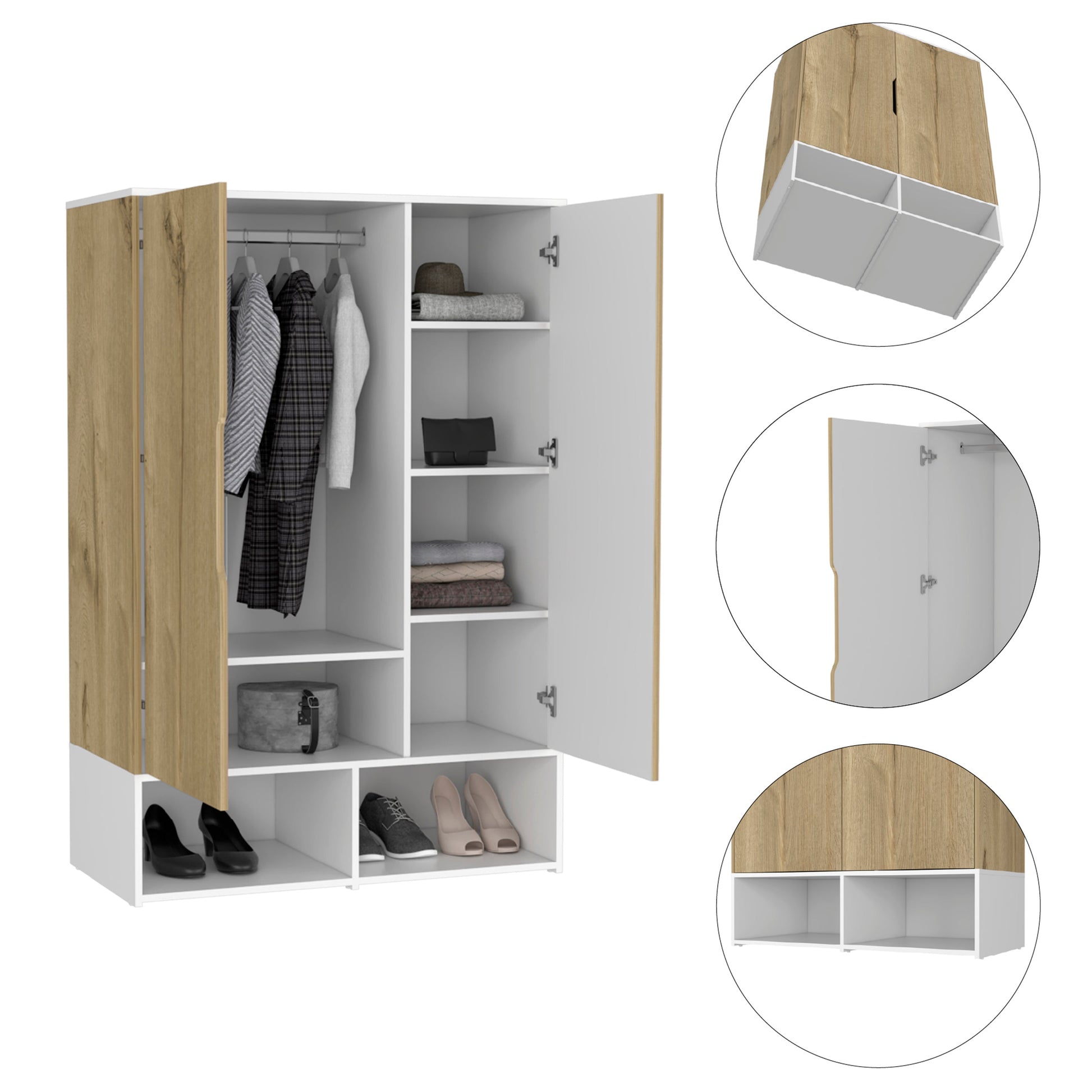 Rosie Armoire, Two Open Shelves, Double Door, Five Shelves, Hanging Rod Light Oak White Multicolor Particle Board Particle Board