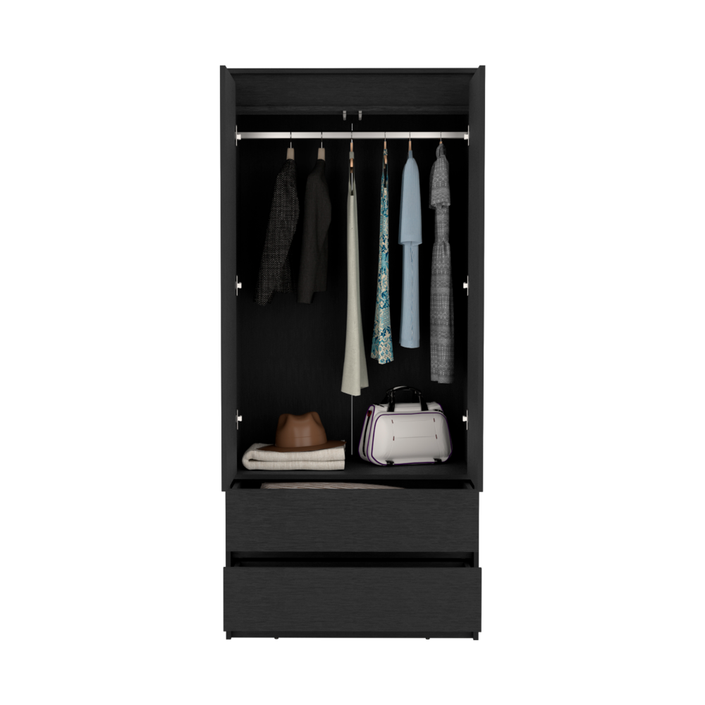 Austin 2 Drawers Armoire, Double Door, Hanging Rod Black Black Bedroom Modern Particle Board Particle Board