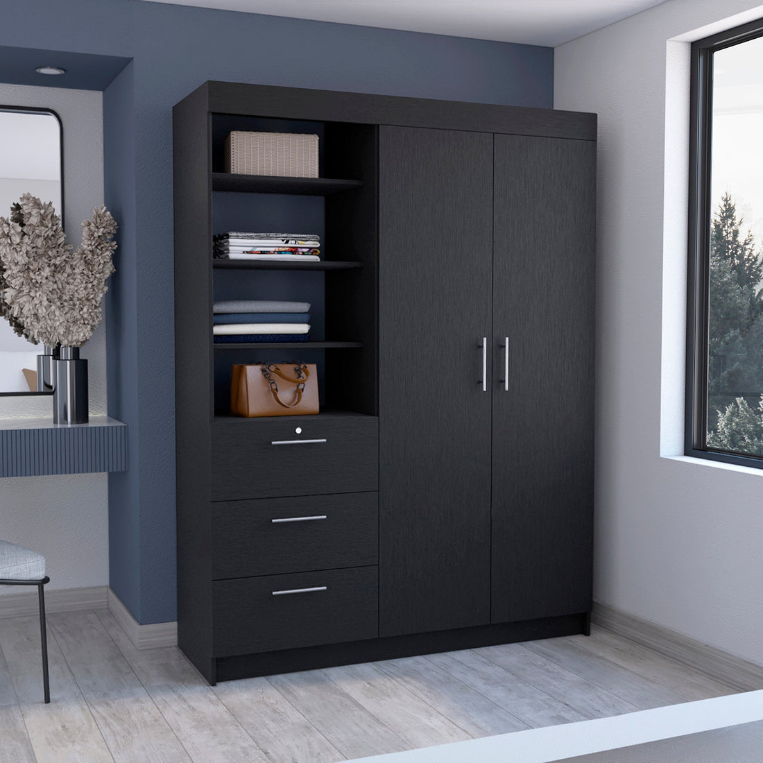 Kenya 3 Drawers Armoire, Double Door, 3 Tier Shelf Black Black Particle Board Particle Board