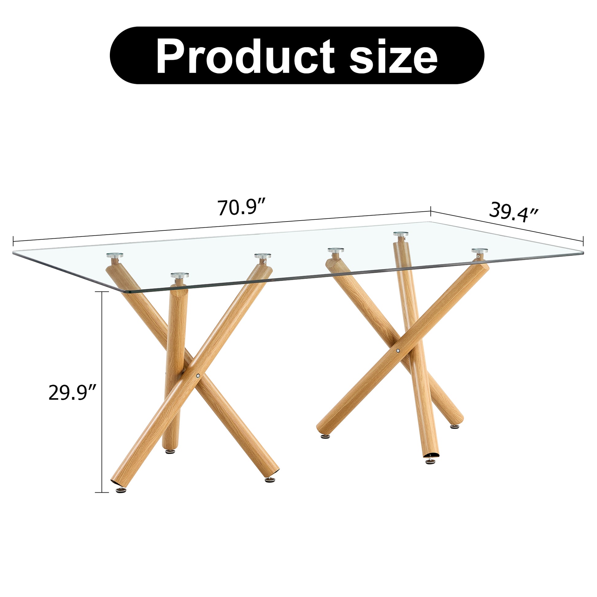 Large Modern Minimalist Rectangular Glass Dining Table For 6 8 With 0.39" Tempered Glass Tabletop And Wood Color Metal Legs, For Kitchen Dining Living Meeting Room Banquet Hall, 71"Wx39" D X 30"H1538 Transparent Glass