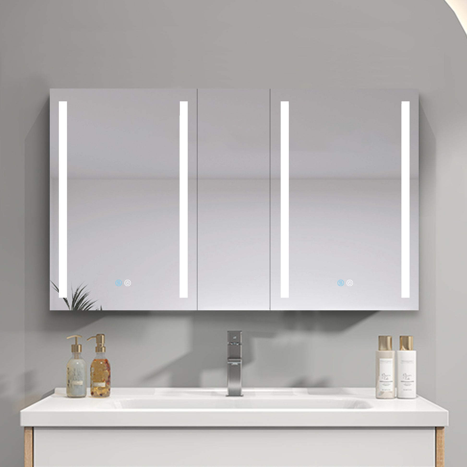 50X30 Inch Led Bathroom Medicine Cabinet Surface Mount Double Door Lighted Medicine Cabinet, Medicine Cabinets For Bathroom With Mirror Defogging, Dimmer White White Modern Aluminium