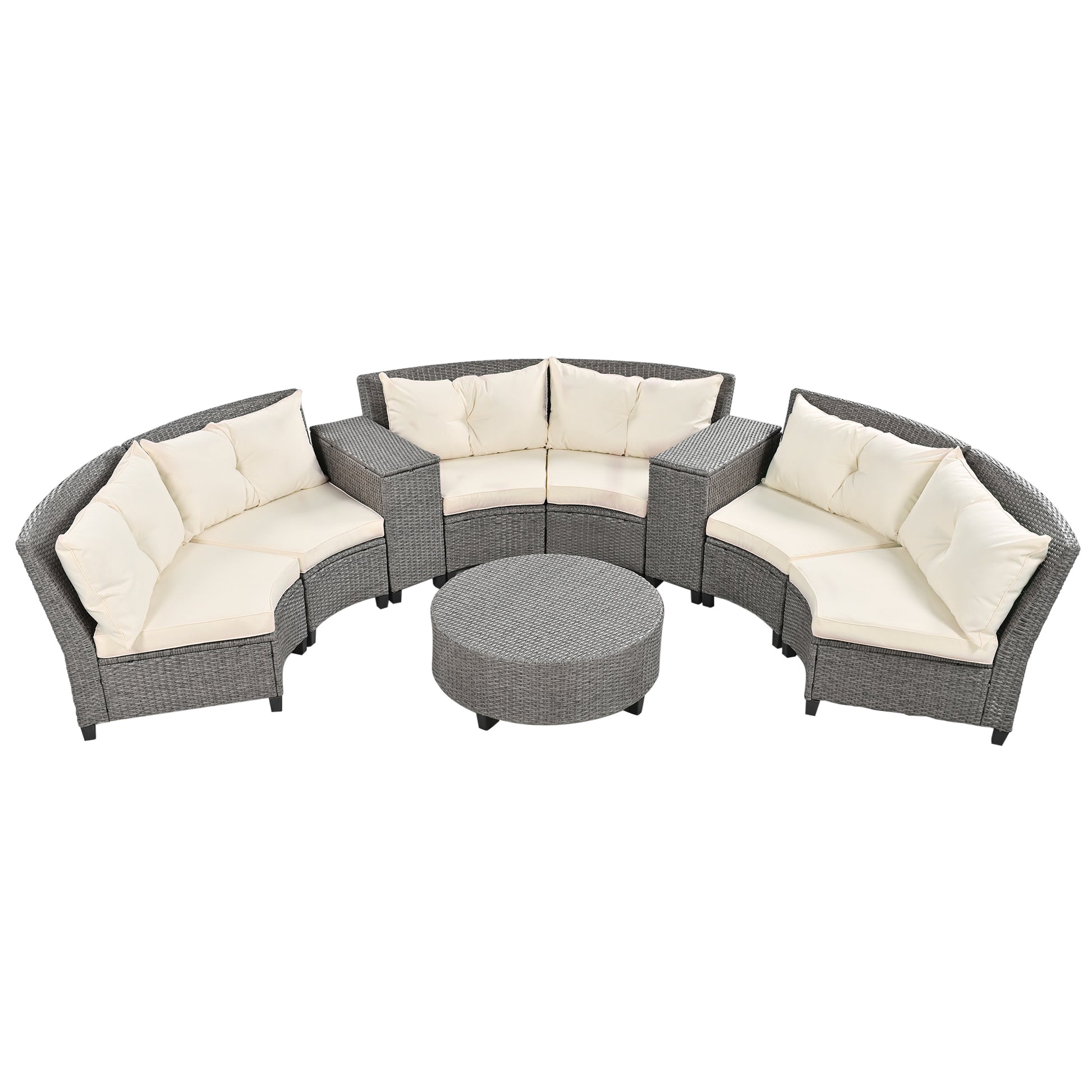 6 Person Fan Shaped Rattan Suit Combination With Cushions And Table,Suitable For Garden Beige Hdpe