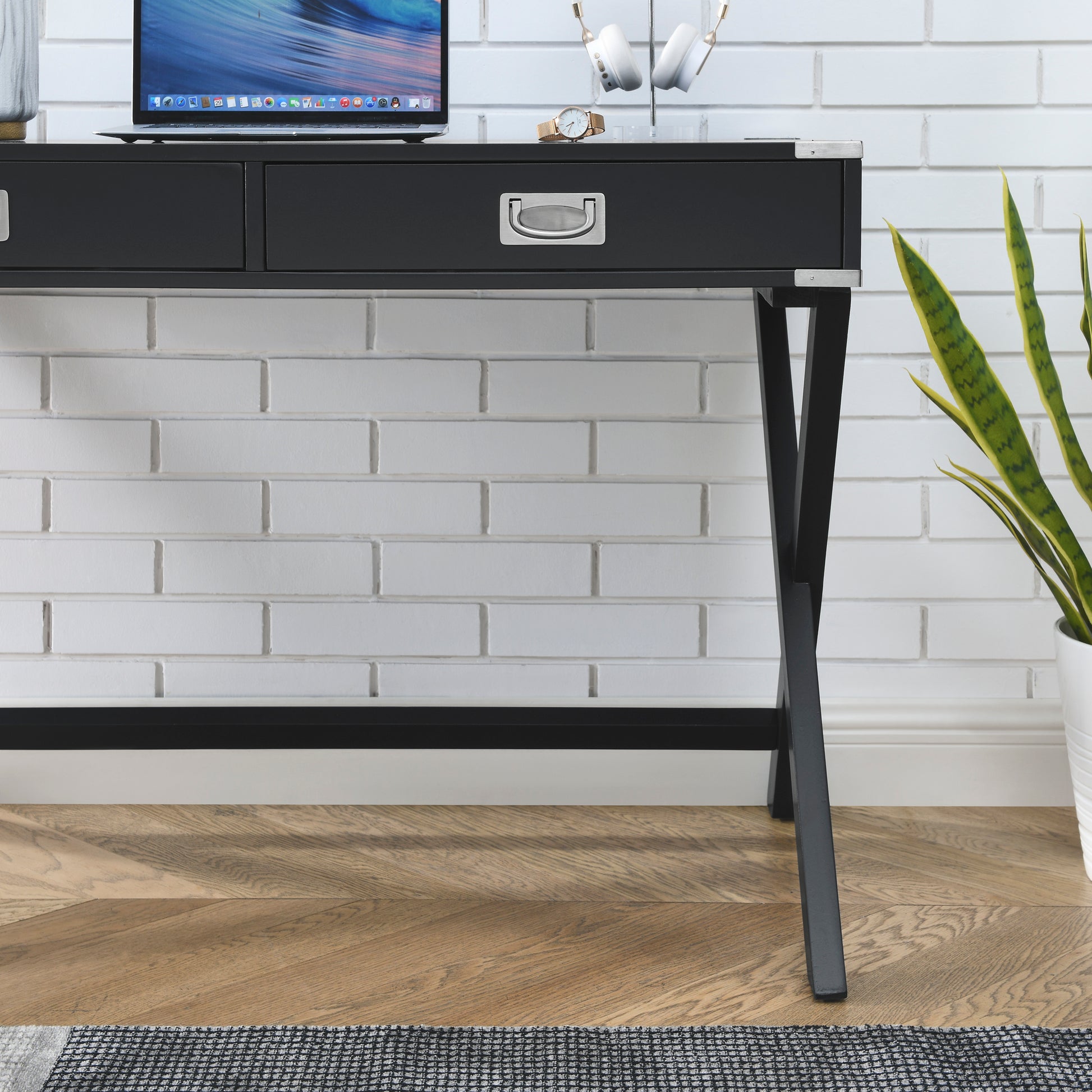 Computer Desk With Storage, Solid Wood Desk With Drawers, Modern Study Table For Home Office,Small Writing Black Solid Wood Mdf