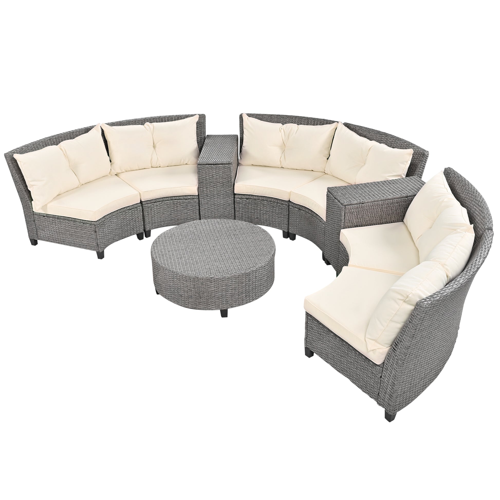 6 Person Fan Shaped Rattan Suit Combination With Cushions And Table,Suitable For Garden Beige Hdpe