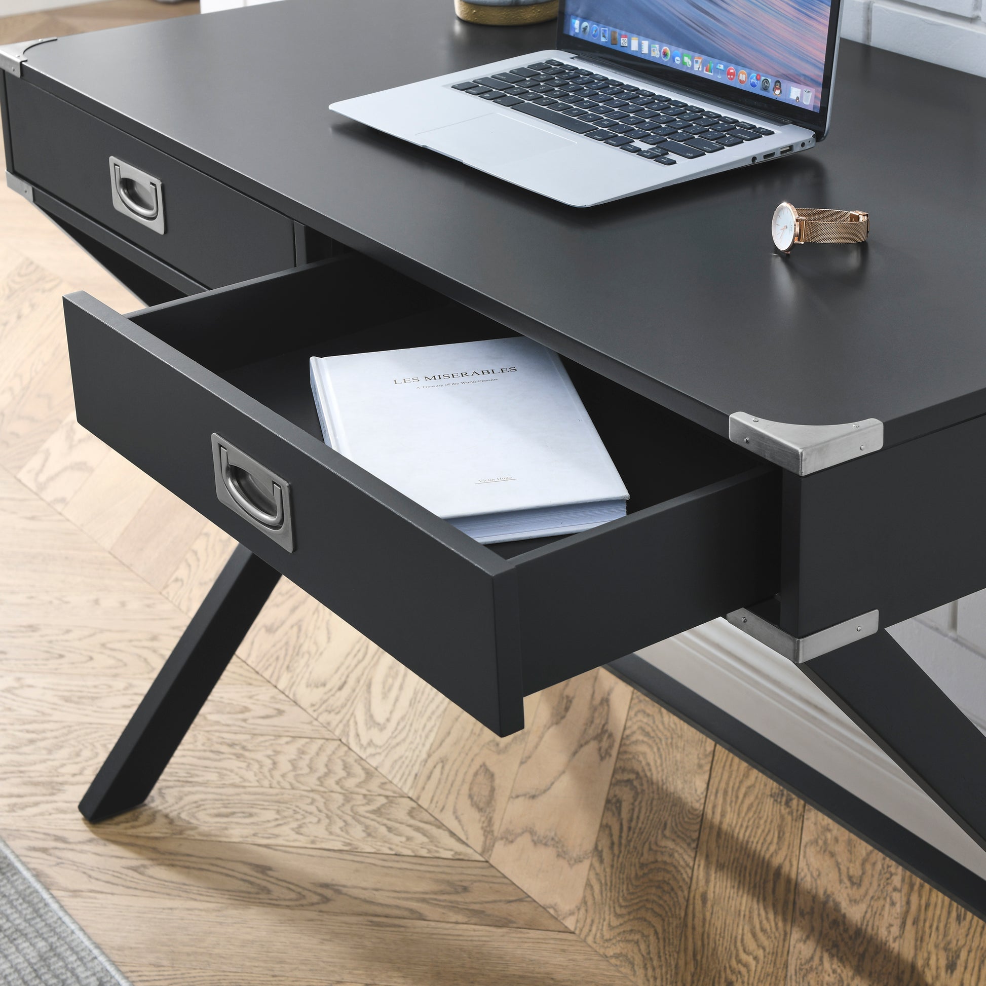 Computer Desk With Storage, Solid Wood Desk With Drawers, Modern Study Table For Home Office,Small Writing Black Solid Wood Mdf