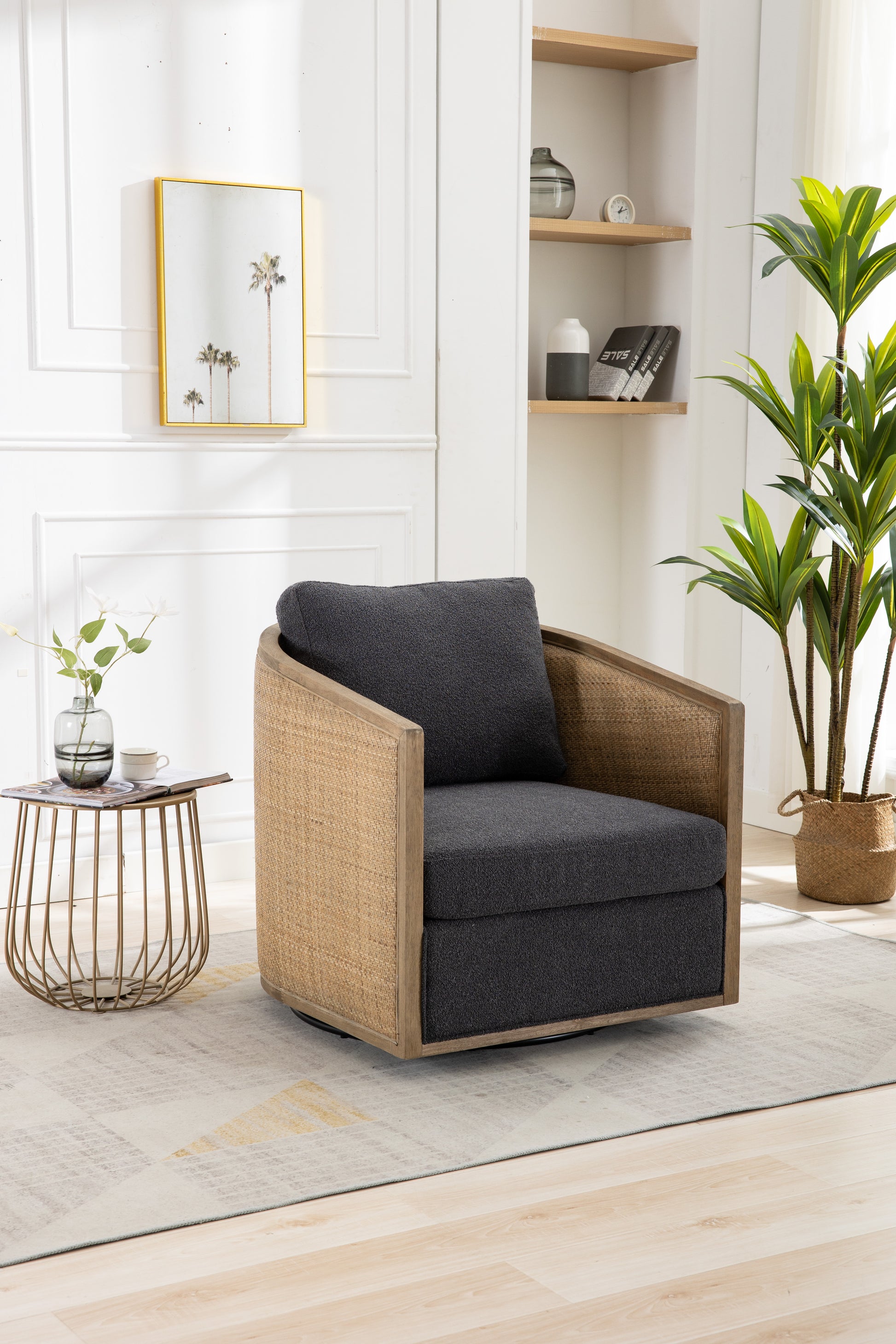 Coolmore Swivel Barrel Chair, Comfy Round Accent Sofa Chair For Living Room, 360 Degree Swivel Barrel Club Chair, Leisure Arm Chair For Nursery, Hotel, Bedroom, Office, Lounge Carbon Black Boucle Carbon Black Foam Boucle