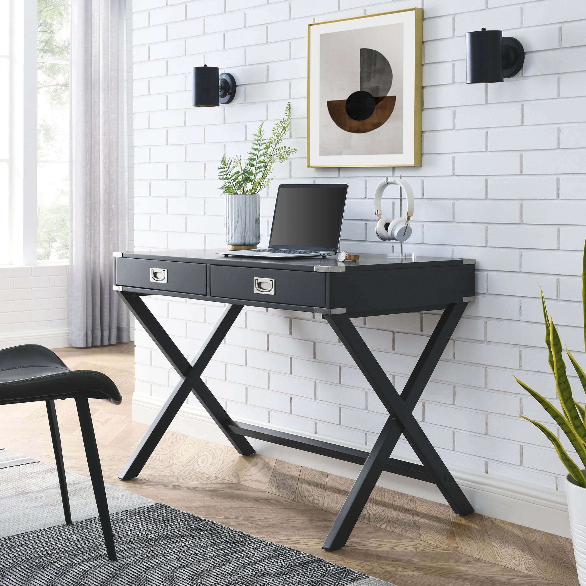 Computer Desk With Storage, Solid Wood Desk With Drawers, Modern Study Table For Home Office,Small Writing Black Solid Wood Mdf