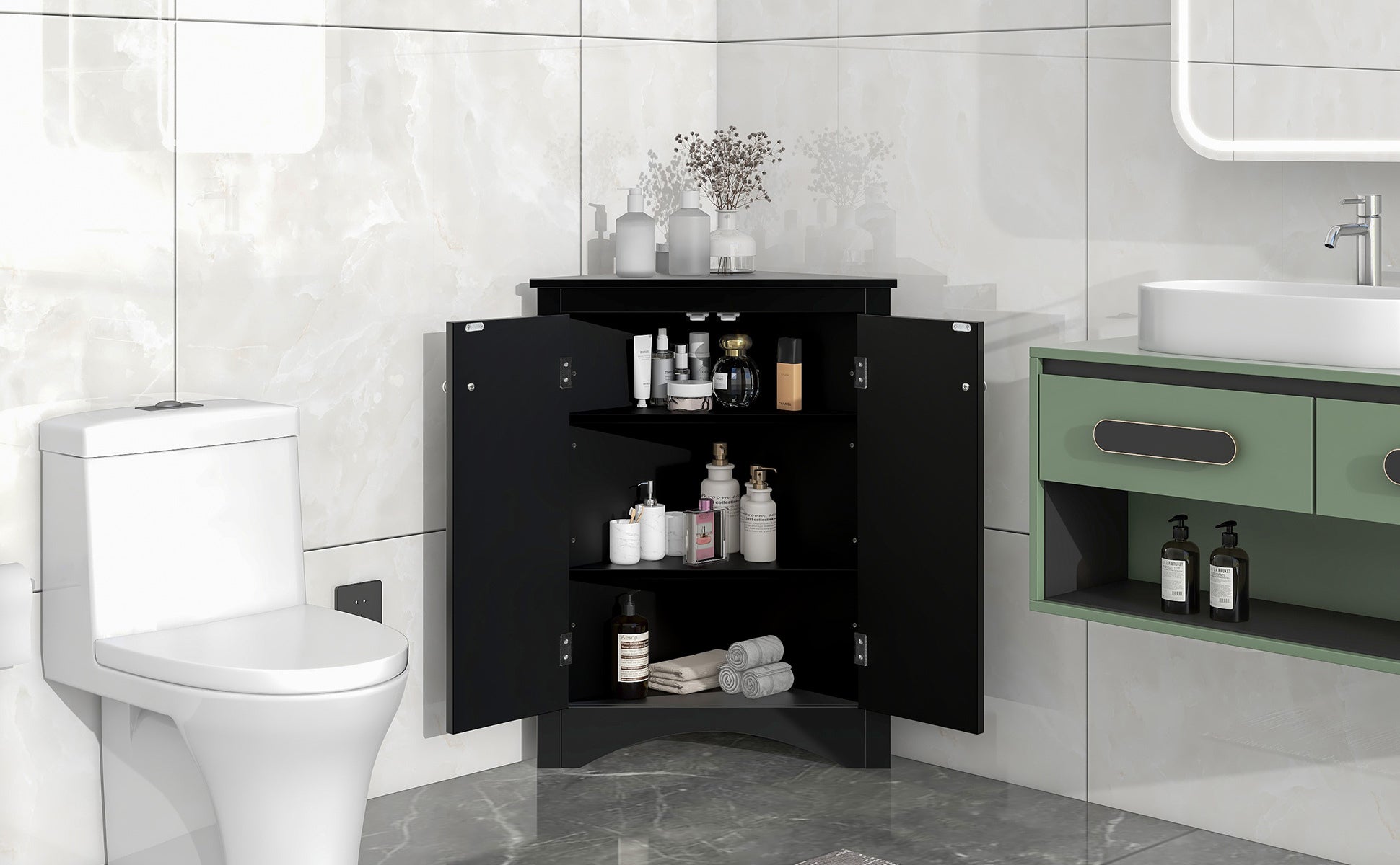 Black Triangle Bathroom Storage Cabinet With Adjustable Shelves, Freestanding Floor Cabinet For Home Kitchen Black Mdf