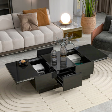 Coffee Table With 2 Large Hidden Storage Compartment, Extendable Cocktail Table With 2 Drawers, High Gloss Center Table With Sliding Top For Living Room, 39.3"X21.6", Black Black Soft Close Drawers Primary Living Space Contemporary Freestanding