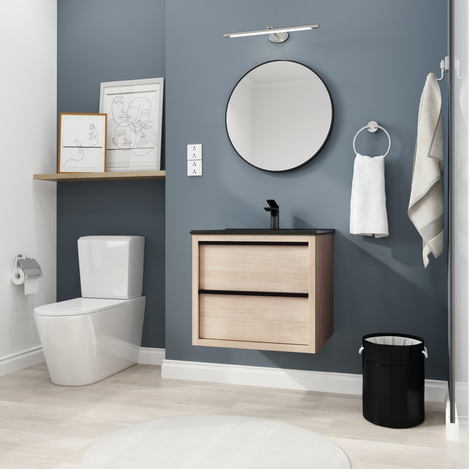 24" Bathroom Vanity, With Black Ceramic Sink And 2 2-plain light oak-bathroom-wall